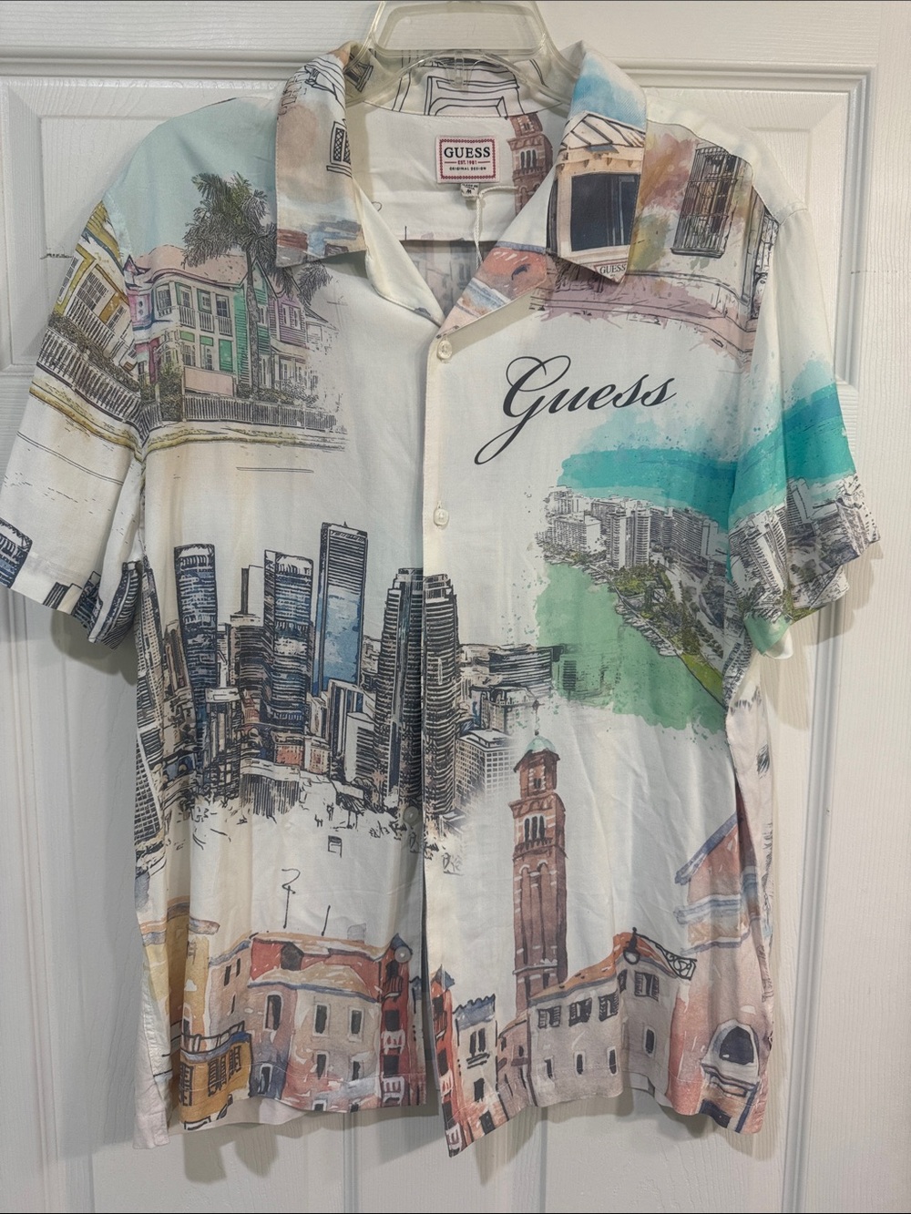 Guess White Multicolor Scenic Print Button-Front Camp Shirt